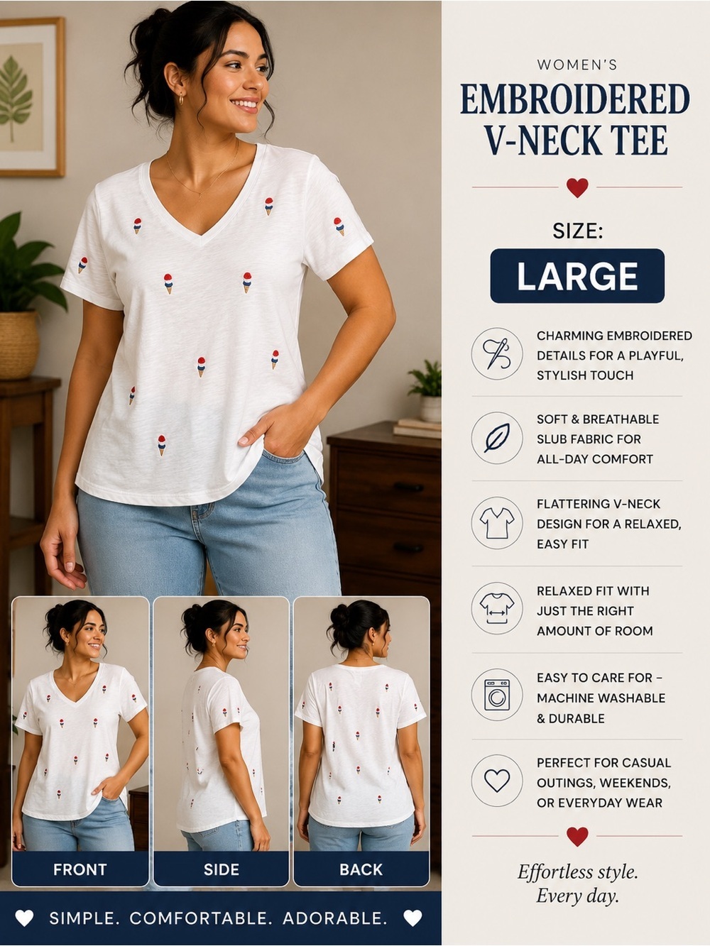 Cynthia Rowley White V‑Neck Tee with Red & Blue Ice Cream Embroidery LARGE